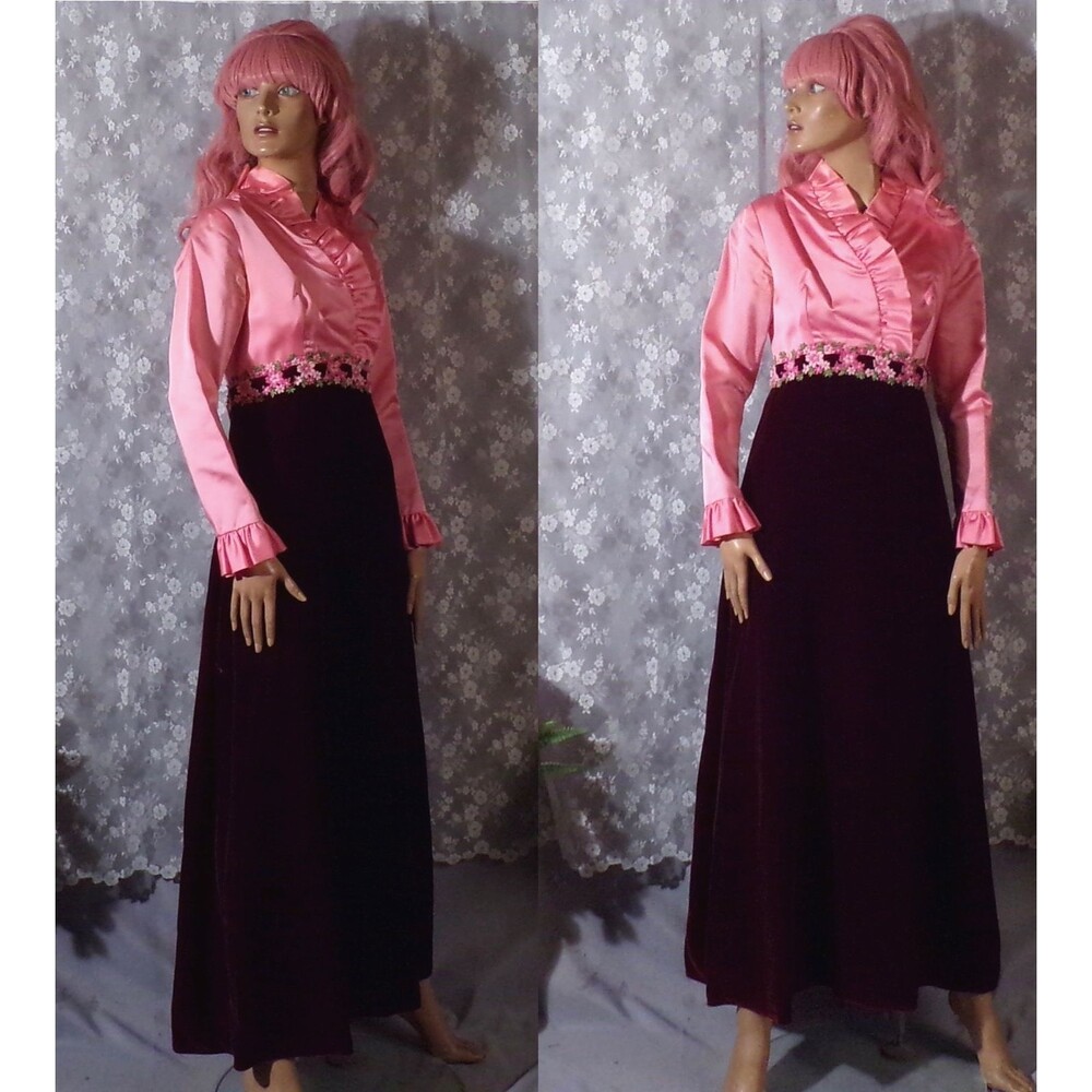 Vintage 70s Satin & Velvet Maxi Dress Size Small Peasant Boho Hippie Evening